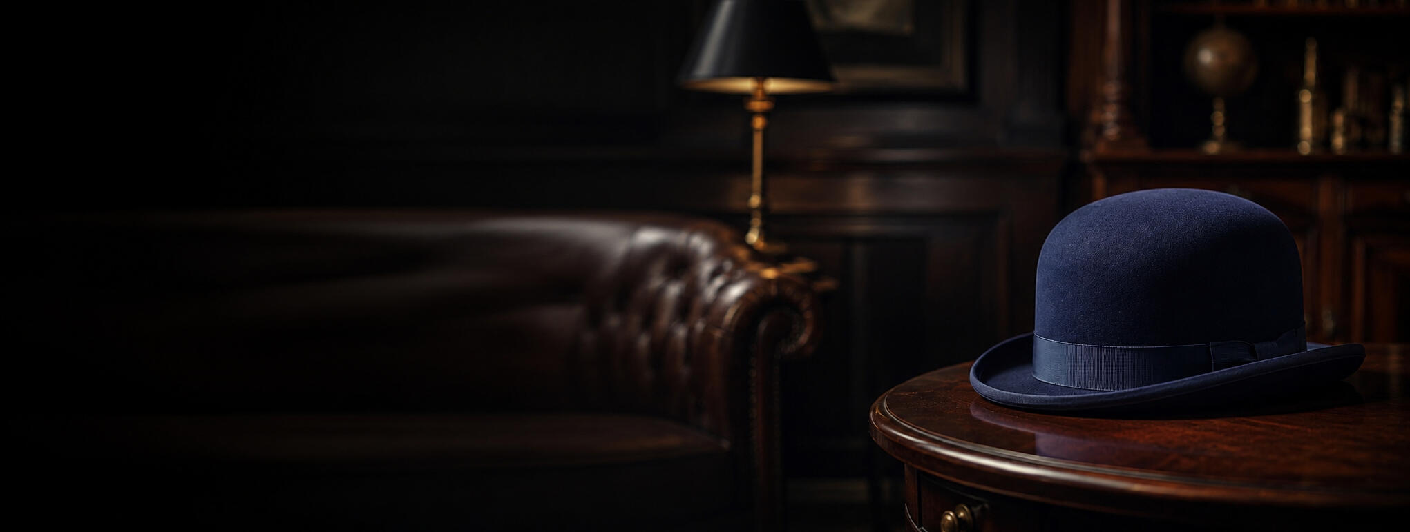 Blue bowler hat displayed in a refined office interior.