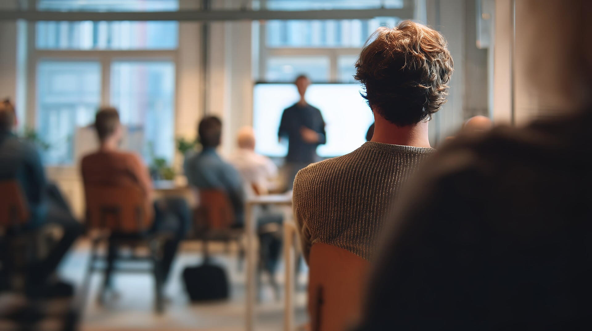 A presenter addressing a seated group in an office meeting room, viewed from behind an attendee.